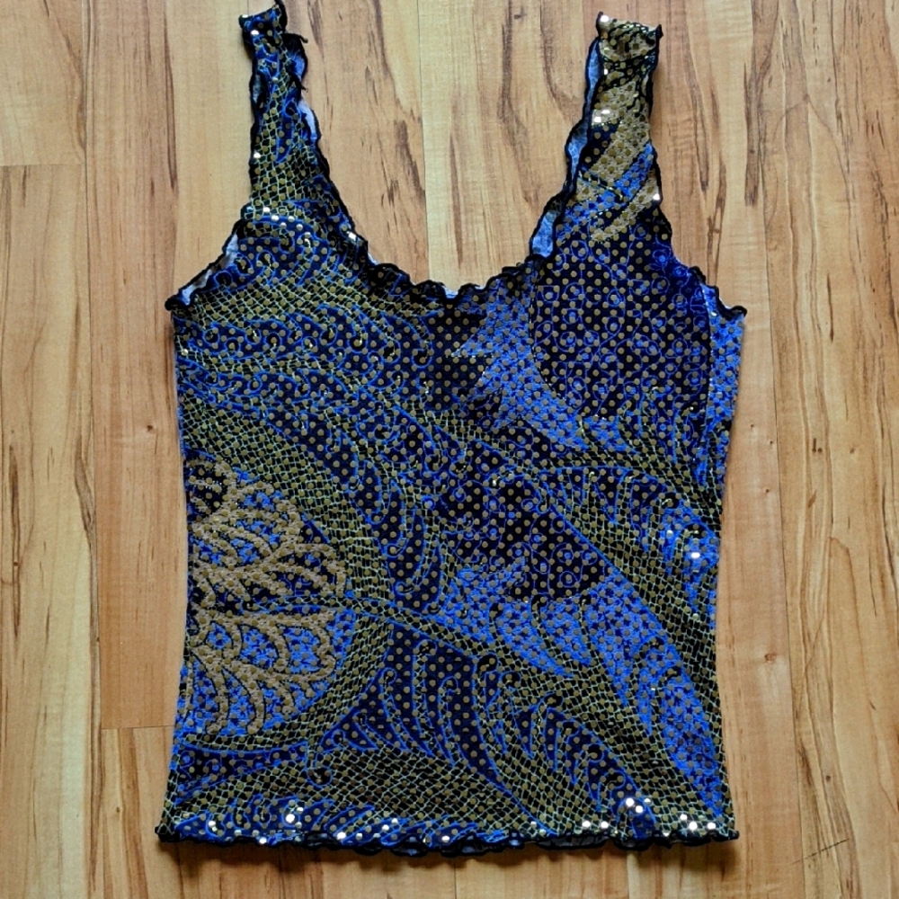 bebe Blue and Gold Sequin Tank Top